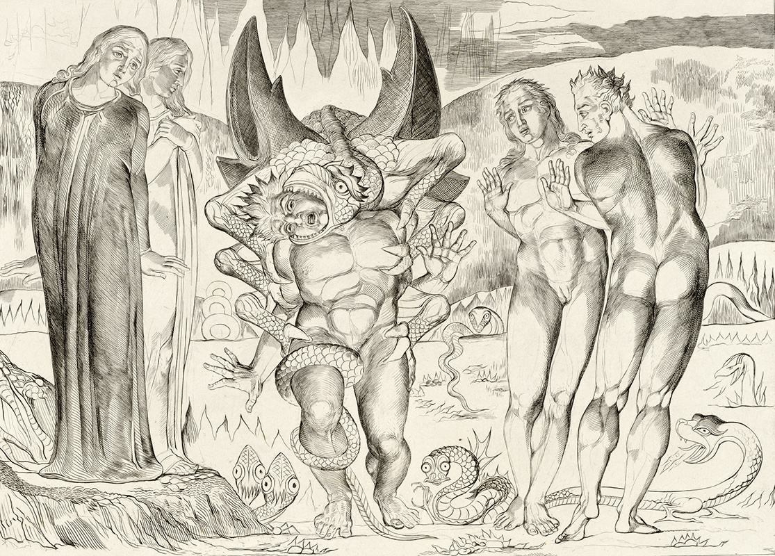 Уильям Блейк. Шестифутовый змей нападает на Аньоло Брунеллески. Иллюстрация к «Божественной комедии» Данте