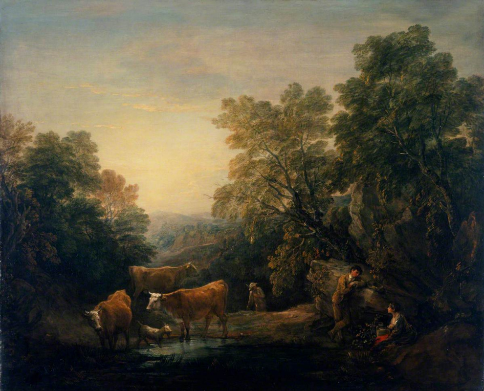 Томас Гейнсборо. Пейзаж с пасущимся стадом у водопоя и влюбленной парой