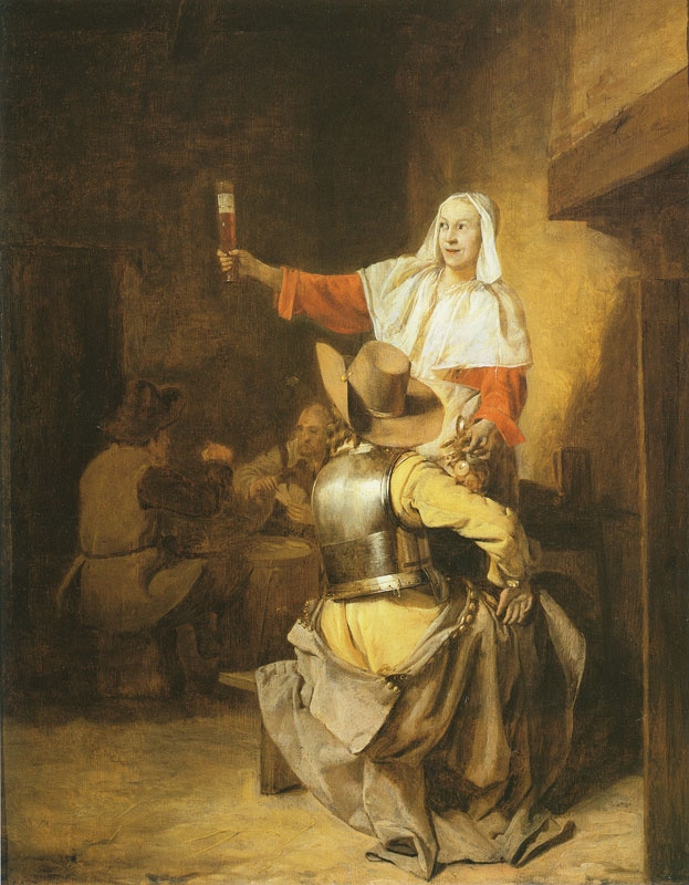 Питер де Хох. Сцена в таверне: солдат с женщиной и игроки в карты
