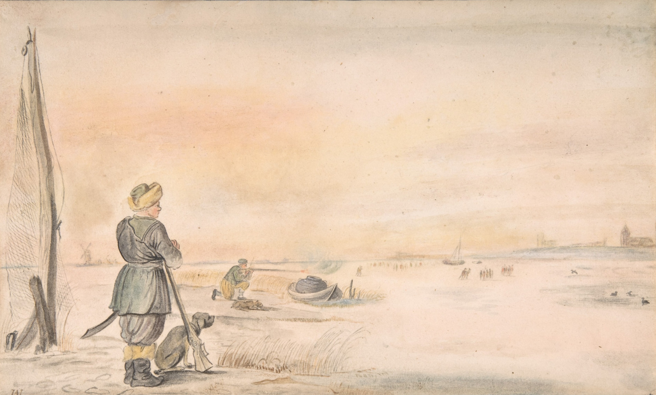 Хендрик Аверкамп. Зимний пейзаж с охотником и собакой