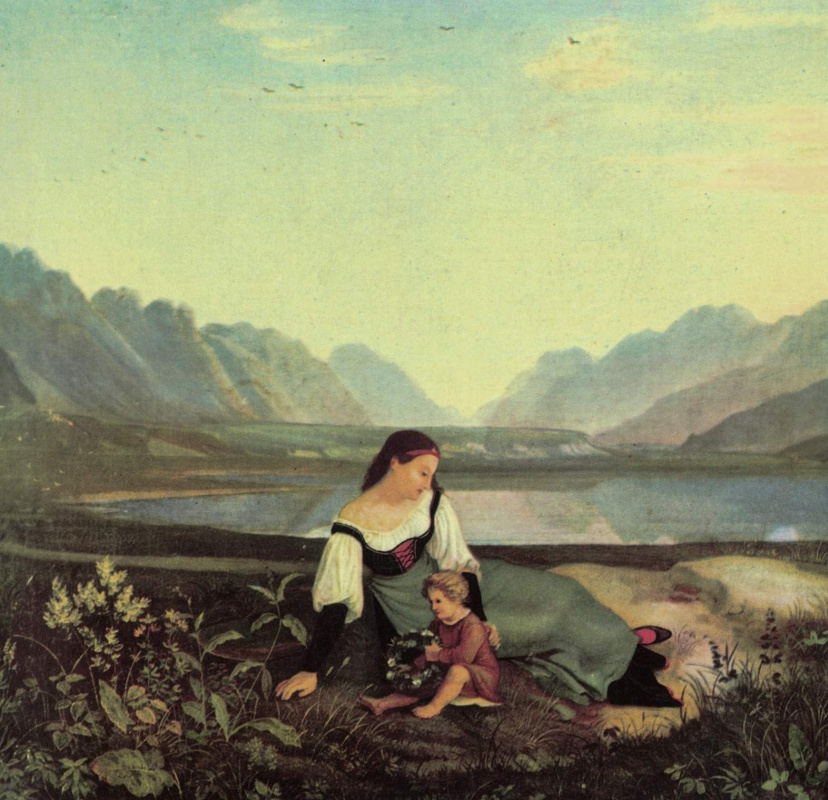 Адриан Людвиг Рихтер. Мать и дитя на лугу. Долина Инна близ Халля