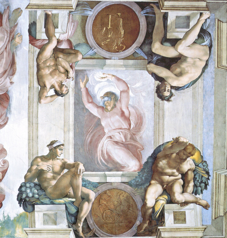 Микеланджело Буонарроти. Бог-Творец и четыре юноши. Фрески Сикстинской капеллы