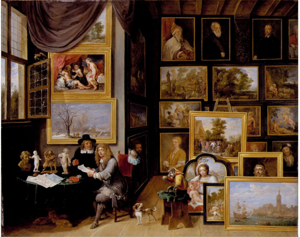 Давид Тенирс Младший. Картинная галерея с обезьянкой и двумя джентельменами, рассматривающими печать и рисунок красным мелом