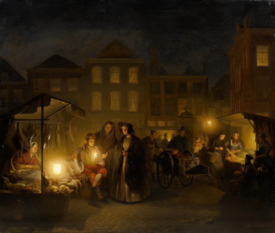 Петрус ван Шендель. Вечерняя торговля в Гааге. 1840