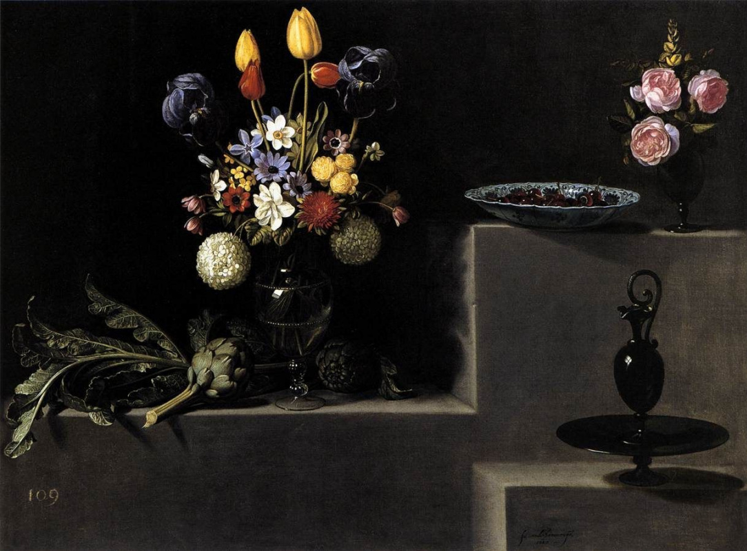 Хуан ван дер Амен-и-Леон. Натюрморт с цветами, артишоком и вишней