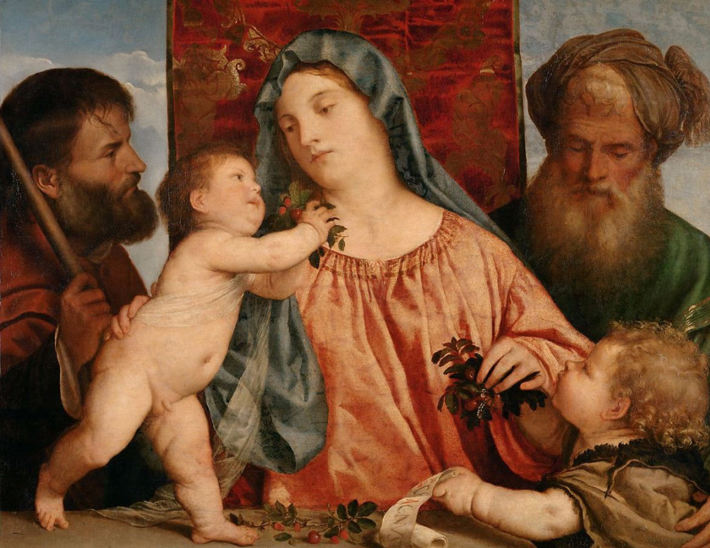 Тициан Вечеллио. Мадонна с вишнями (Мадонна со святым Иосифом, Иоанном Крестителем и святым Захарией)