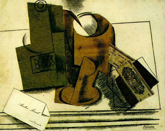 Пабло Пикассо. Бутылка Басса, бокал, пачка табака и визитная карточка