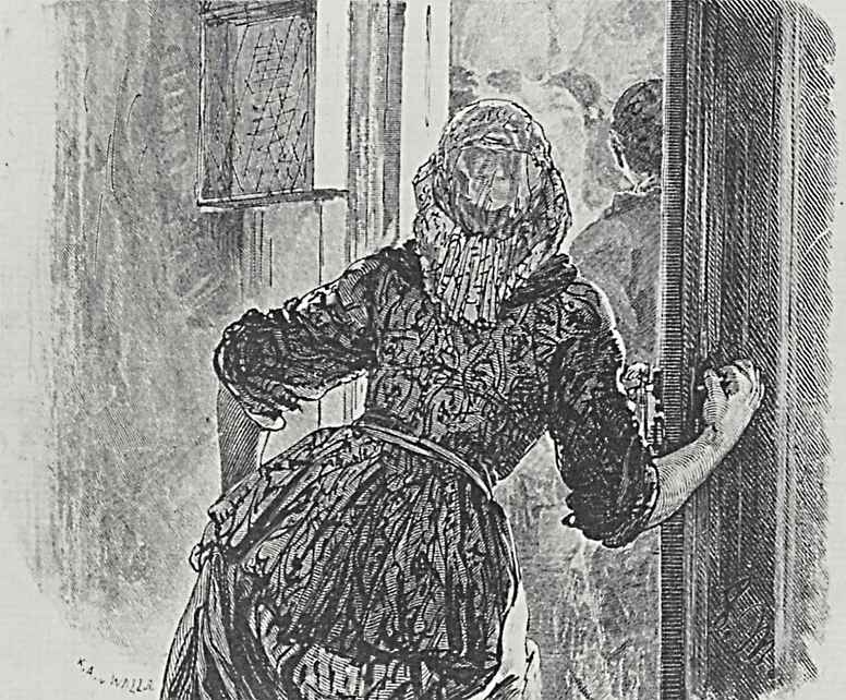 Адольф фон Менцель. Иллюстрация к "Разбитому кувшину" Генриха фон Кляйста, Девушка открывает дверь