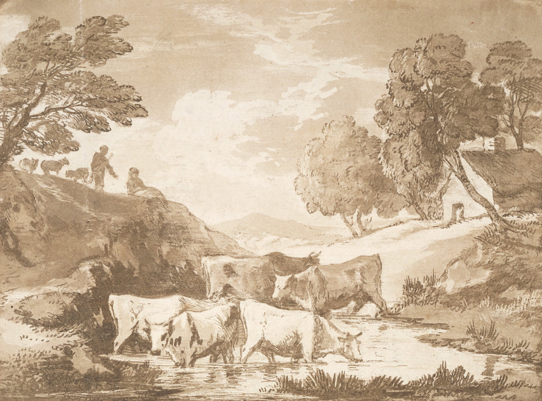Томас Гейнсборо. Лесной пейзаж с коровами на водопое и крестьянским домом