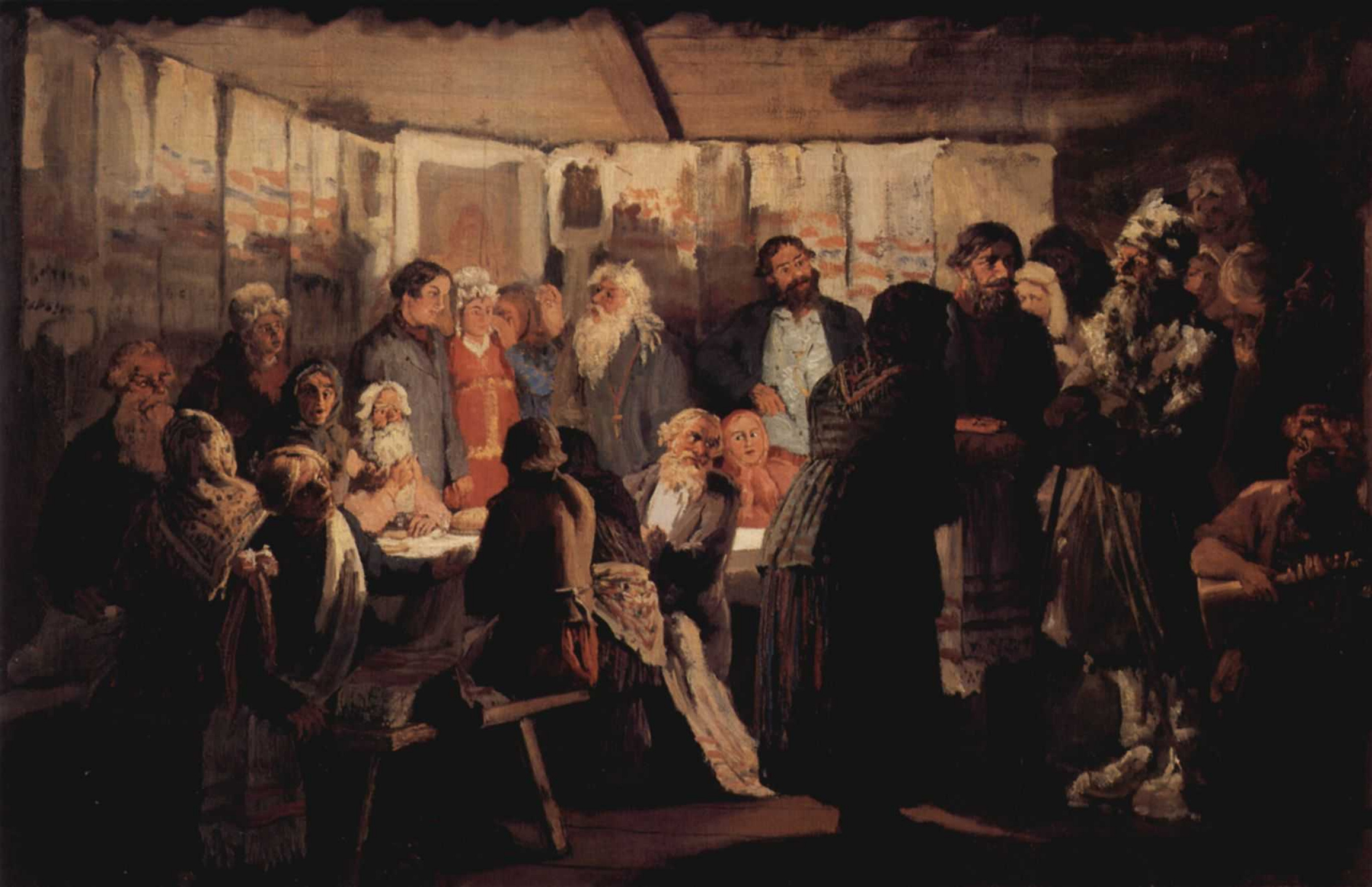 Василий Максимович Максимов - Знахарь на деревенской свадьбе, 1874, 43×67  см: Описание произведения | Артхив