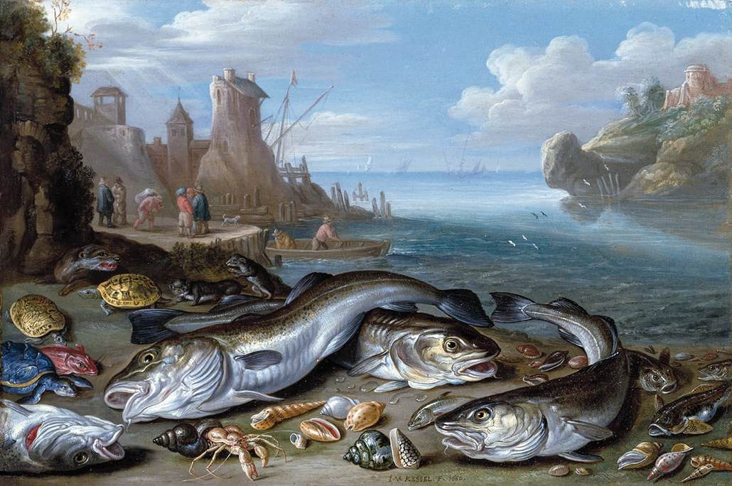 Ян ван Кессель Старший. Морской залив с рыбами на берегу