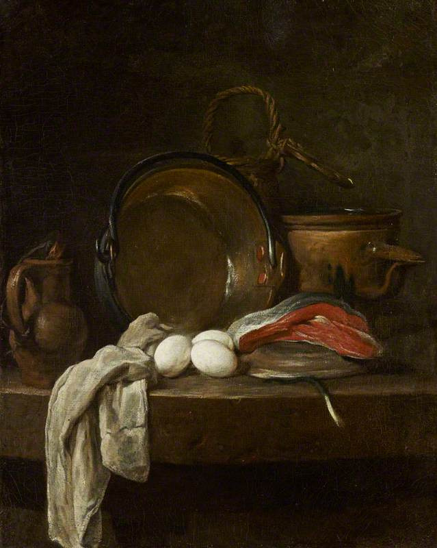 Жан Батист Симеон Шарден. Натюрморт с рыбой, яйцами и посудой на кухонном столе