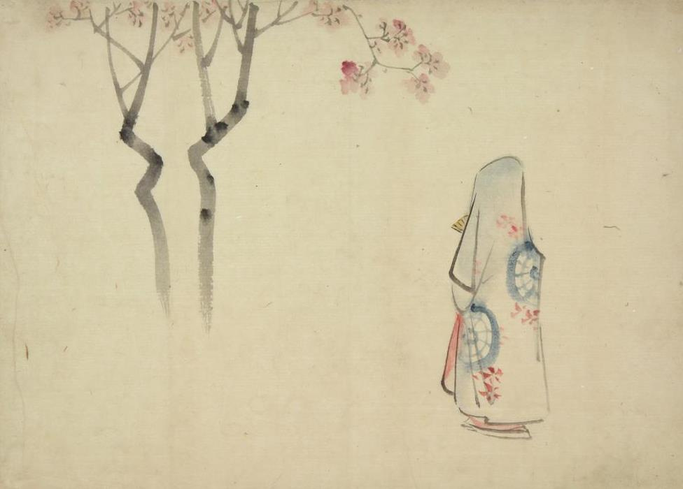 Утагава Хиросигэ. Девушка в тумане под цветущим вишневым деревом (эскиз для гравюры)
