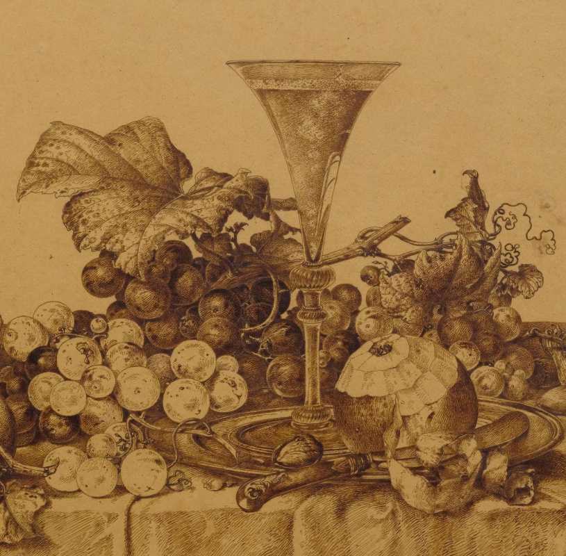 Иоганн Вильгельм Прейер. Натюрморт с фруктами, шампанским и оловянным блюдом.  1877  деталь