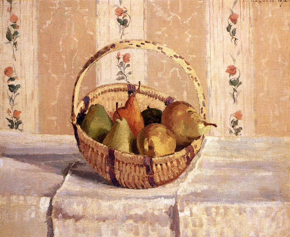 Камиль Писсарро. Натюрморт с яблоками и грушами в круглой корзине