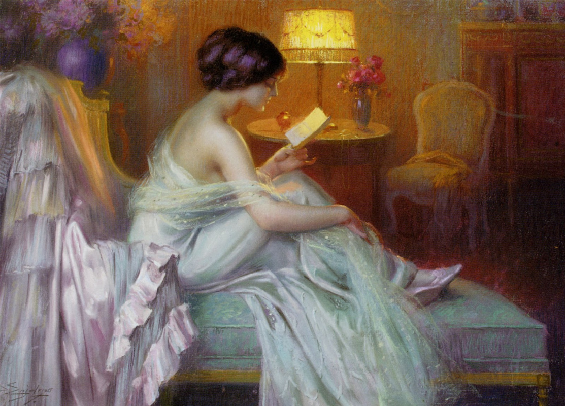 Дельфин Анжольра. Женщина, читающая письмо на кровати.
