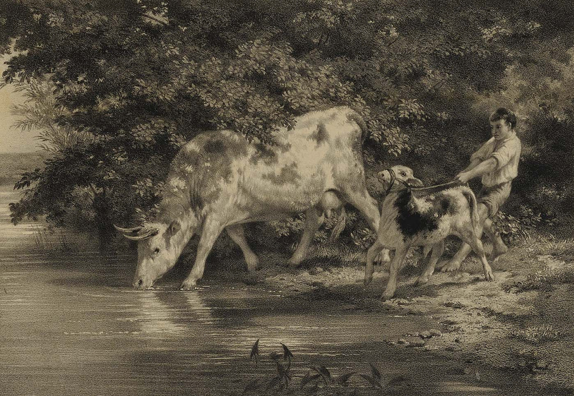 Роза Бонёр. Мальчик с коровой и теленком у реки