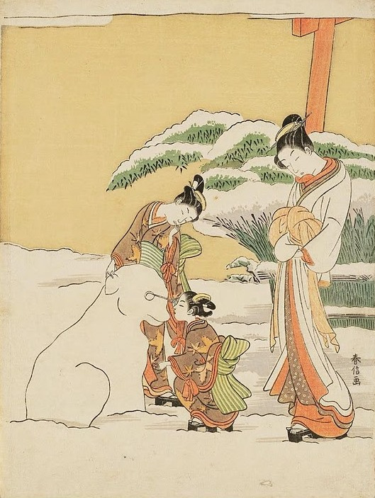 Судзуки Харунобу. Куртизанка наблюдает, как камуро лепят снежного пса
