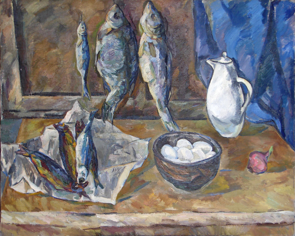 Валентина Ивановна Рахина. Натюрморт с рыбой и яйцами