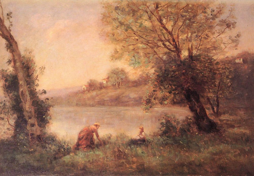 Камиль Коро. Виль д'Авре. Крестьянка с ребенком между двух деревьев на берегу пруда