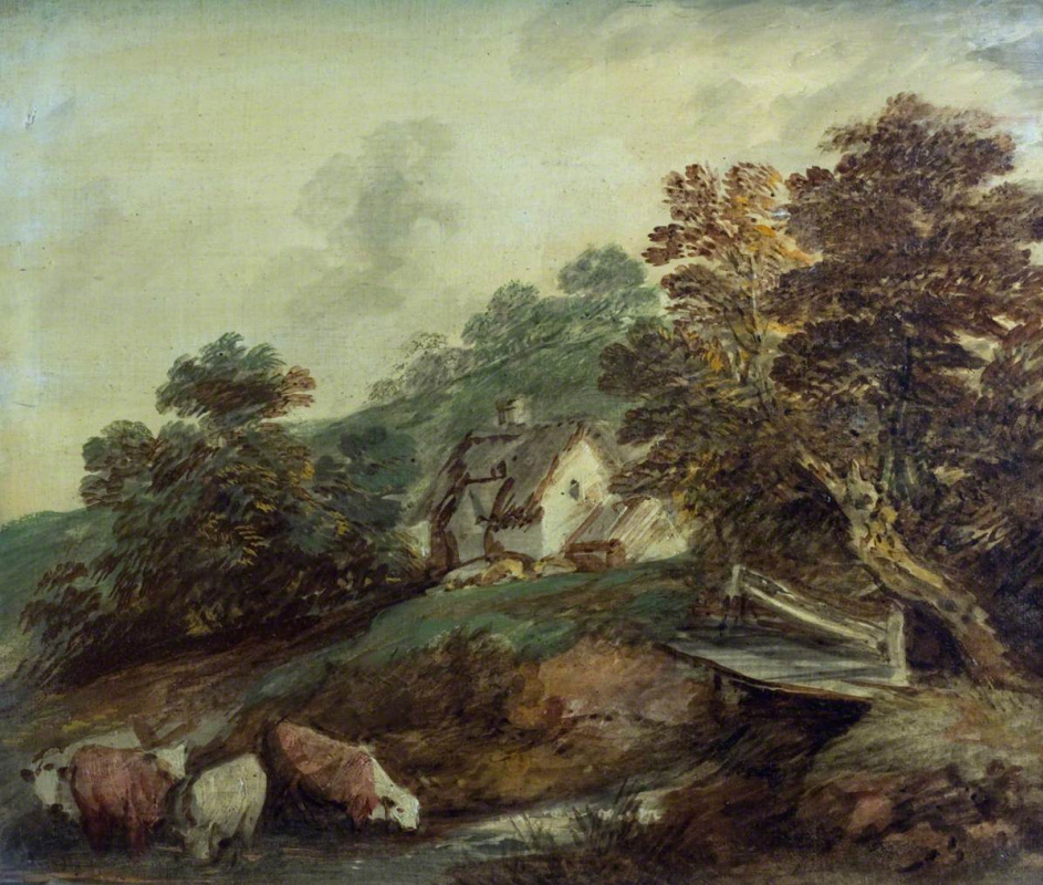 Томас Гейнсборо. Пейзаж с домом и коровами у ручья
