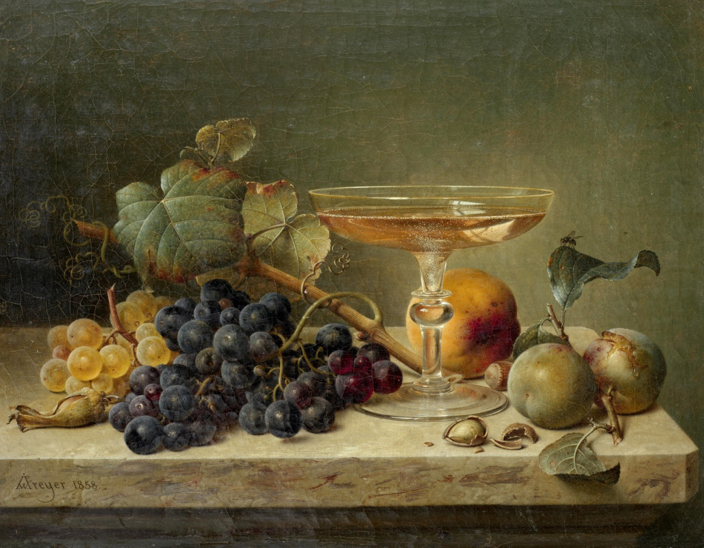 Иоганн Вильгельм Прейер. Натюрморт с фруктами, орехами и бокалом на мраморном карнизе. 1858