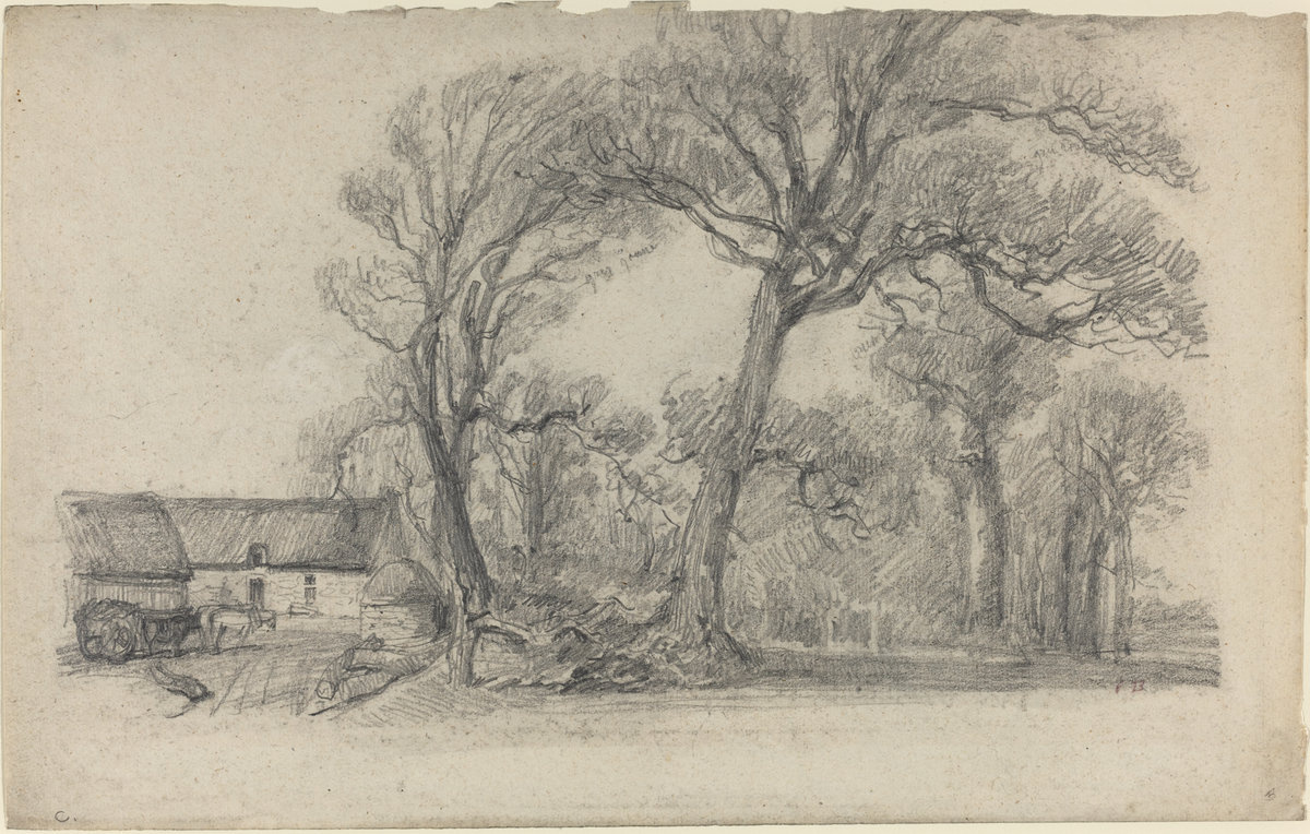 Эжен Буден. Пейзаж с деревьями, коттедж и телега