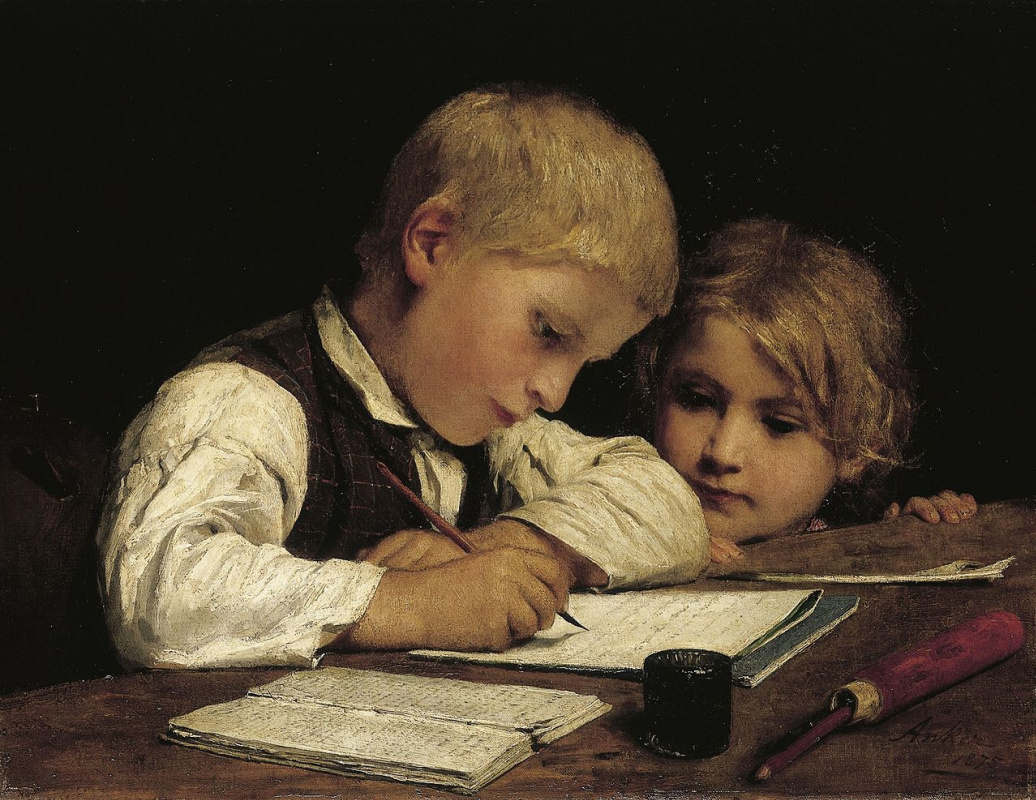 Альберт Анкер. Пишущий мальчик с сестрой