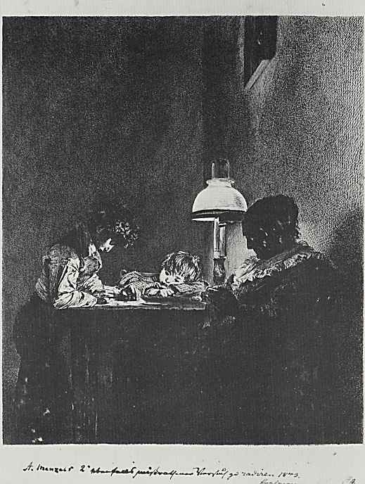 Адольф фон Менцель. Семья у лампы