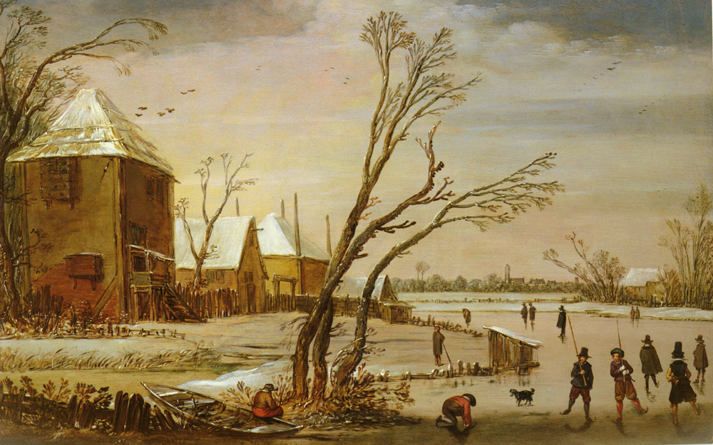 Даниэль ван Хейл. Зимний пейзаж с конькобежцами на замерзшей реке
