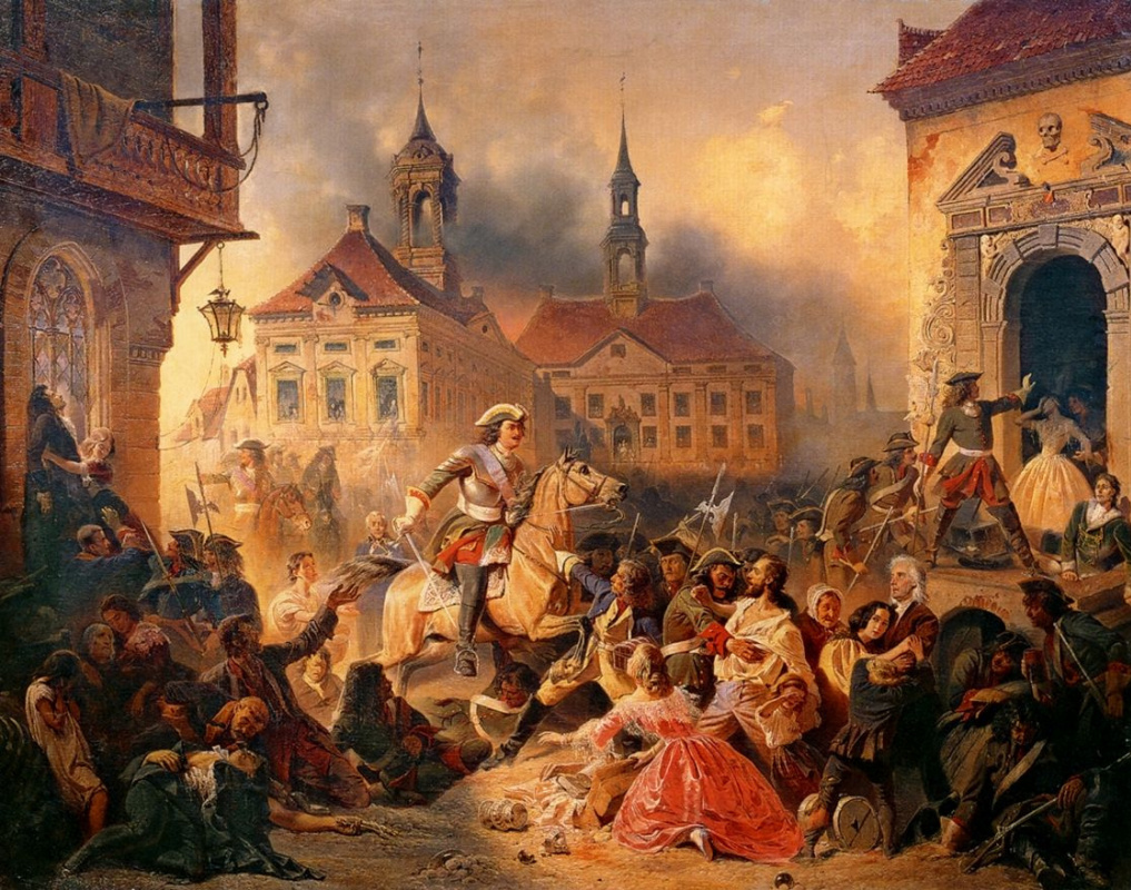 Николай Александрович Зауервейд. Петр I усмиряет ожесточенных солдат при взятии Нарвы в 1704 году