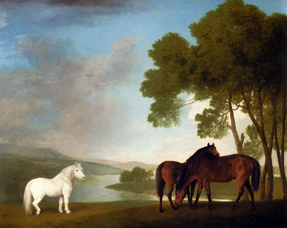 Джордж Стаббс. Белый пони и две лошади на фоне пейзажа