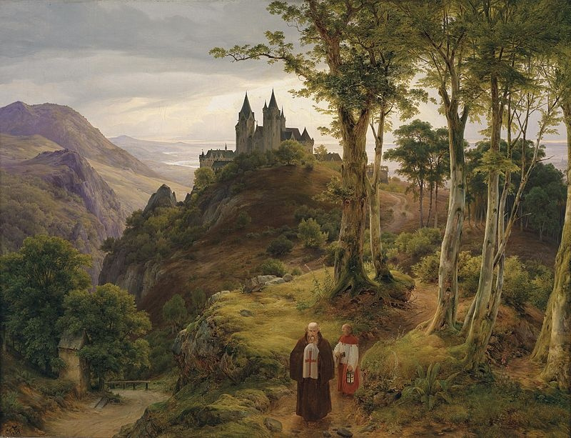romantic landscape with monastery