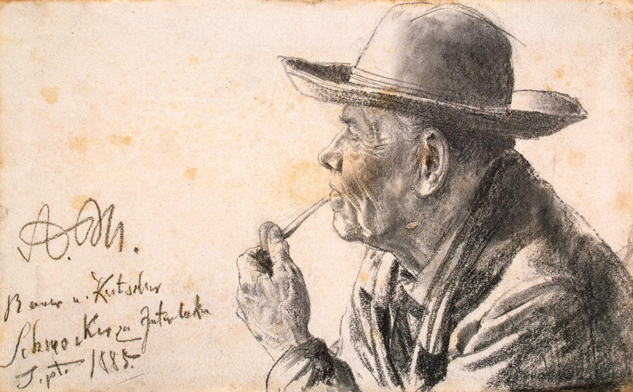 Адольф фон Менцель. Этюд пожилого мужчины в шляпе и с трубкой