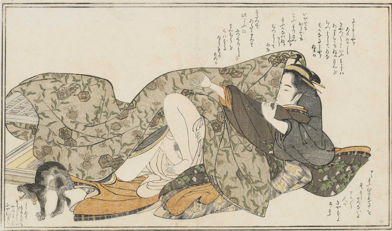Katsukawa Shunsho. Кошка рядом пару под одеялом