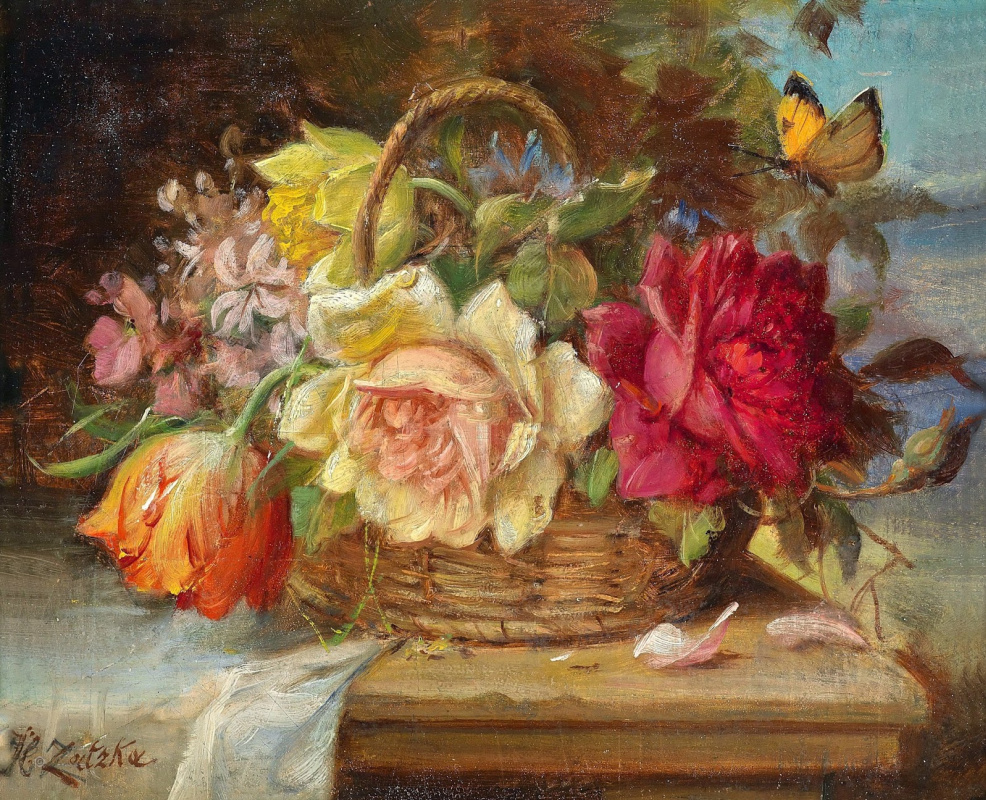 Ханс Зацка. Корзина с цветами и бабочка
