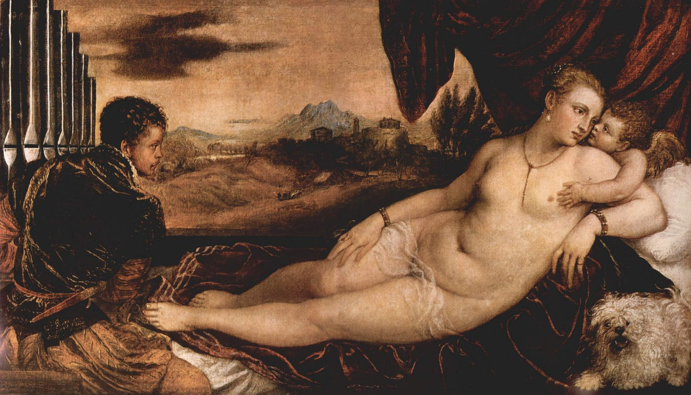 Тициан Вечеллио. Венера с кавалером, играющим на органе, и Купидон