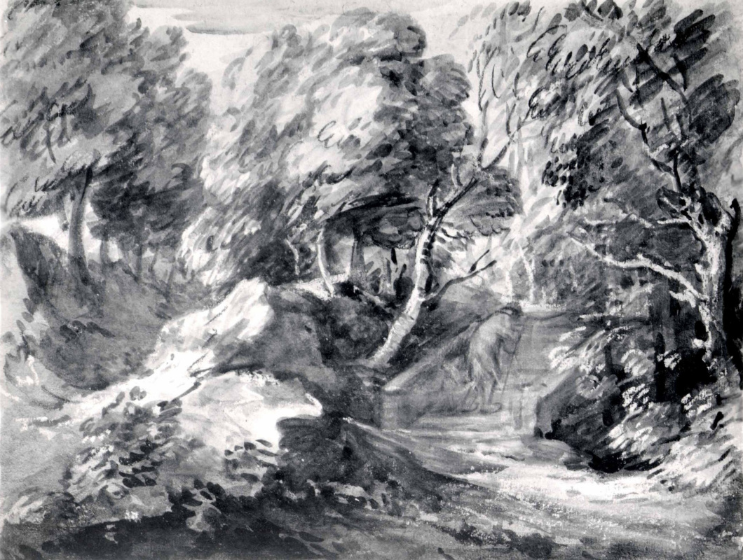 Томас Гейнсборо. Лесной пейзаж с пожилым человеком на мосту