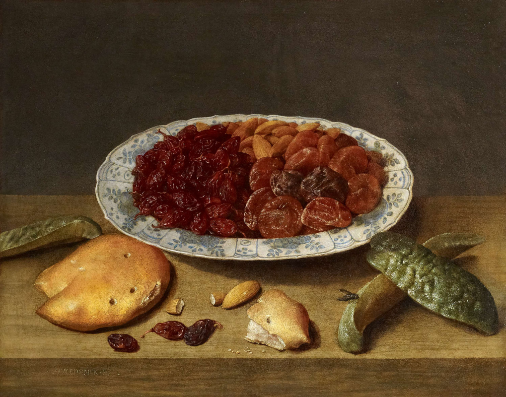 Якоб ван Хюльсдонк. Натюрморт с виноградом, абрикосами и сливами в фарфоровой чашке