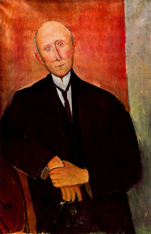 Амедео Модильяни. Портрет сидящего мужчины на оранжевом фоне