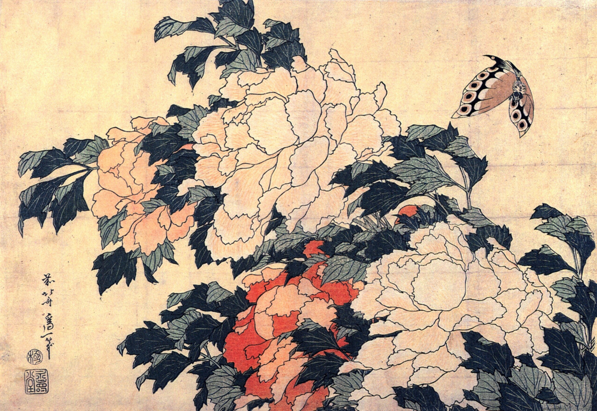 Кацусика Хокусай. Пионы и бабочка