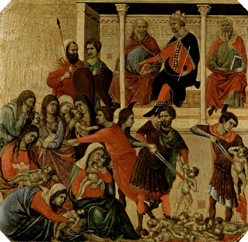 Дуччо ди Буонинсенья. Маэста, алтарь сиенского кафедрального собора, передняя сторона, пределла со сценами из детства Иисуса и пророками