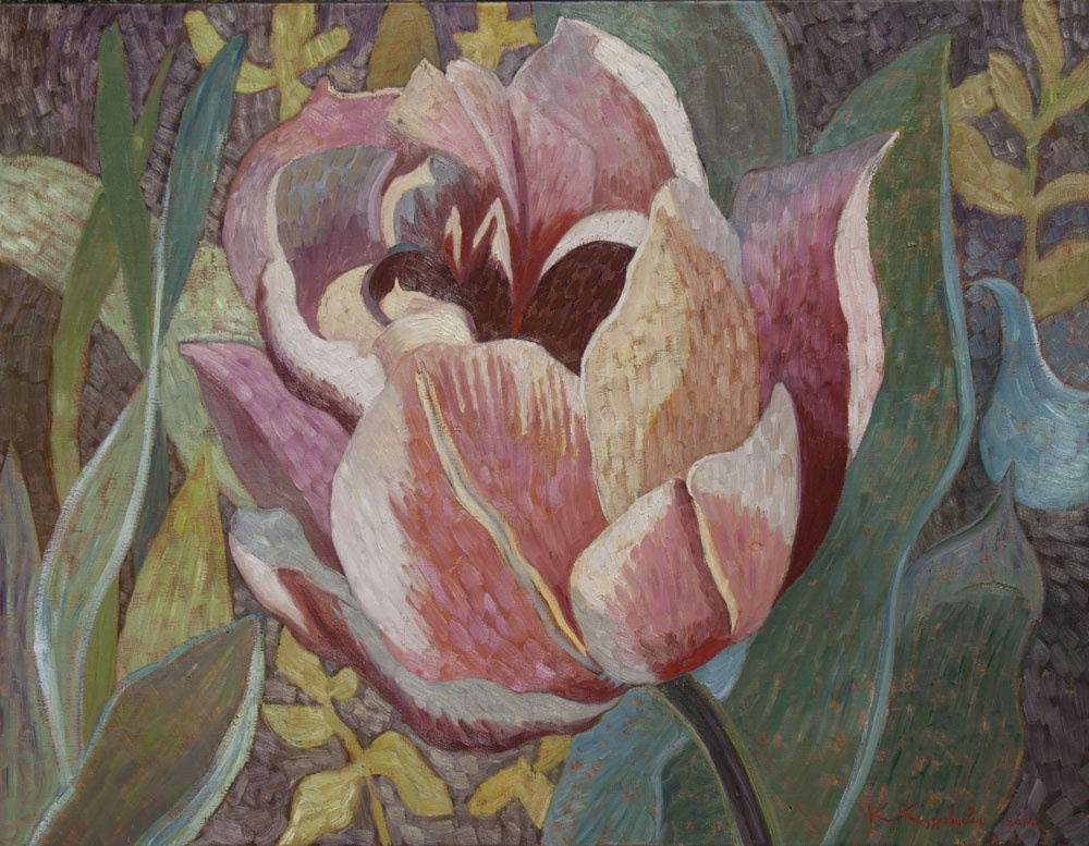 Екатерина Анатольевна Кудрявцева. Странный тюльпан в саду 90х117 х. м. 2014