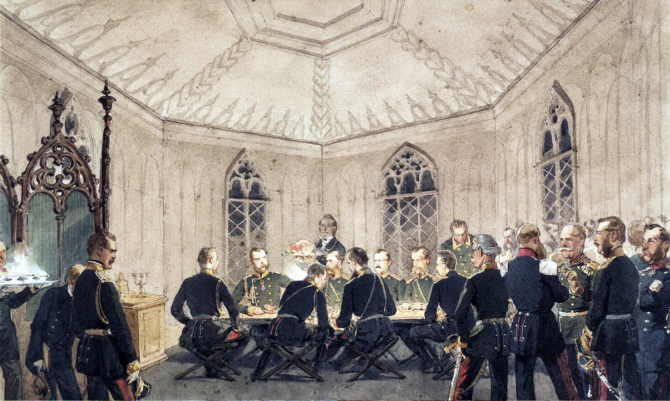 Михай Зичи. Александр II с группой венных за столом в готическом интерьере