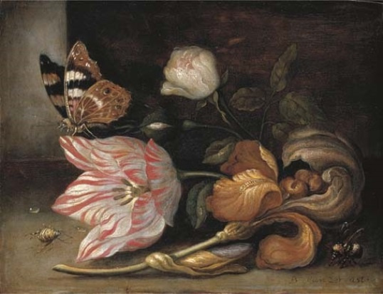 Балтазар ван дер Аст. Натюрморт с тюльпаном, ирисом, бабочкой и шмелем