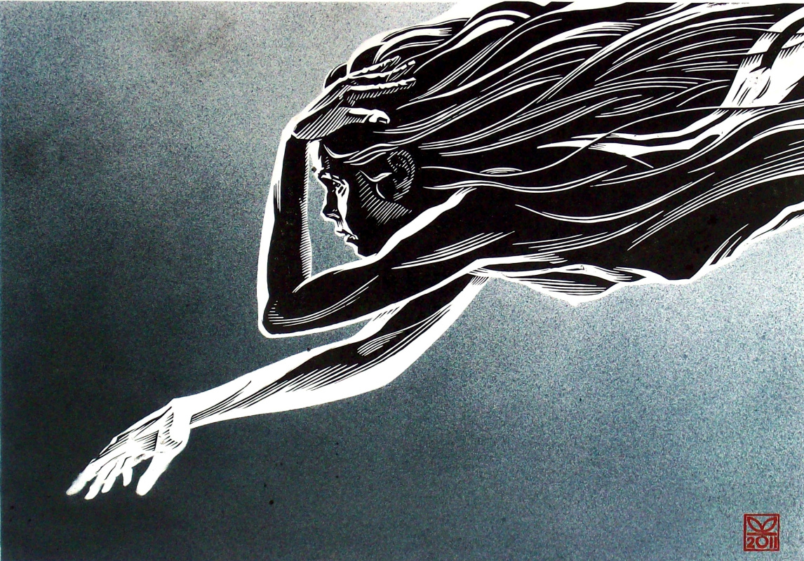 Владимир Катаев. «Черный ангел-1», 46 х 66, гравюра на линолеуме, аэрография, 2011год
