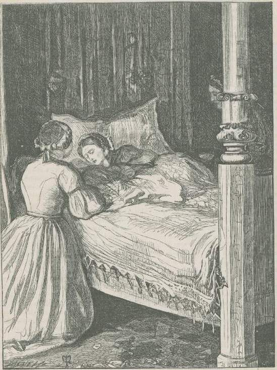 Джон Эверетт Милле. Служанка у постели матери с новорожденным. Иллюстрация для журнала "Хорошие слова"