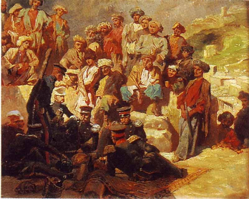 Григорий Григорьевич Гагарин. «Офицеры на привале в ауле Сиук». 1840-1842