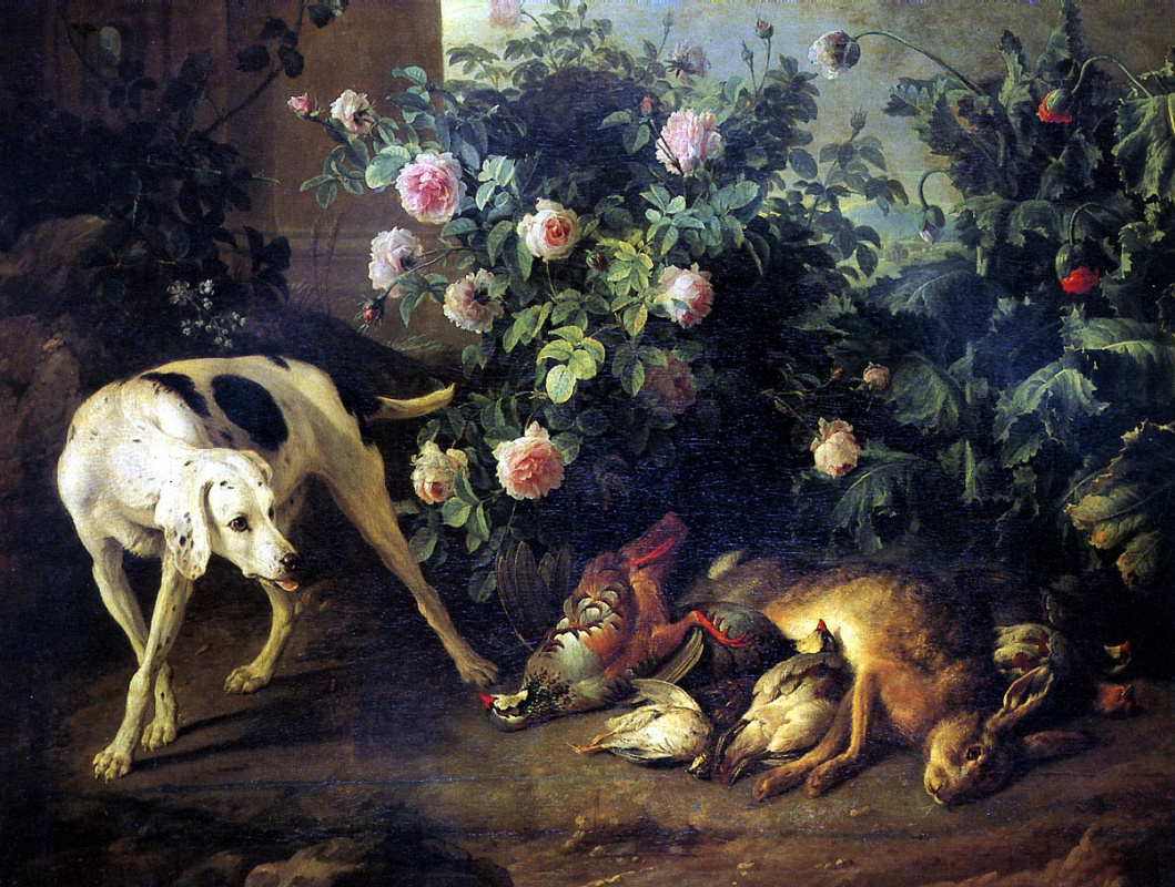 Александр Франсуа Депорт. Натюрморт с собакой и битой дичью у розового куста
