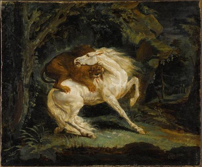 Лев, атакующий лошадь